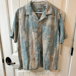 Men's Vintage Batik Bay Casual Button Up Silk Tiki Shirt M Blue Beige Palm Tree